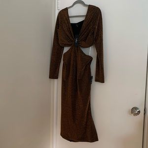 Lulus NWT Sparks of Love Metallic Bronze Cutout Long Sleeve Midi Dress, Size L
